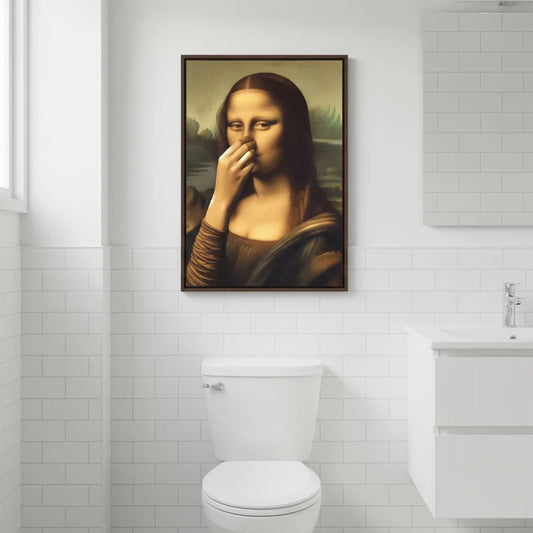 🚽 Mona Lisa trzymająca nos — humorystyczny obraz na płótnie do łazienki